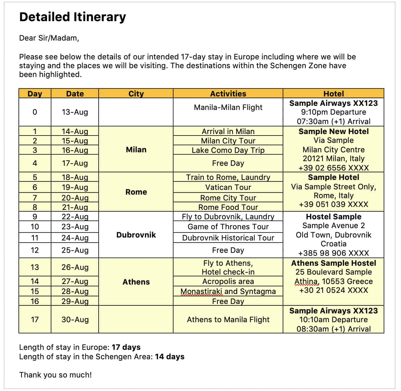 schengen visa travel itinerary template