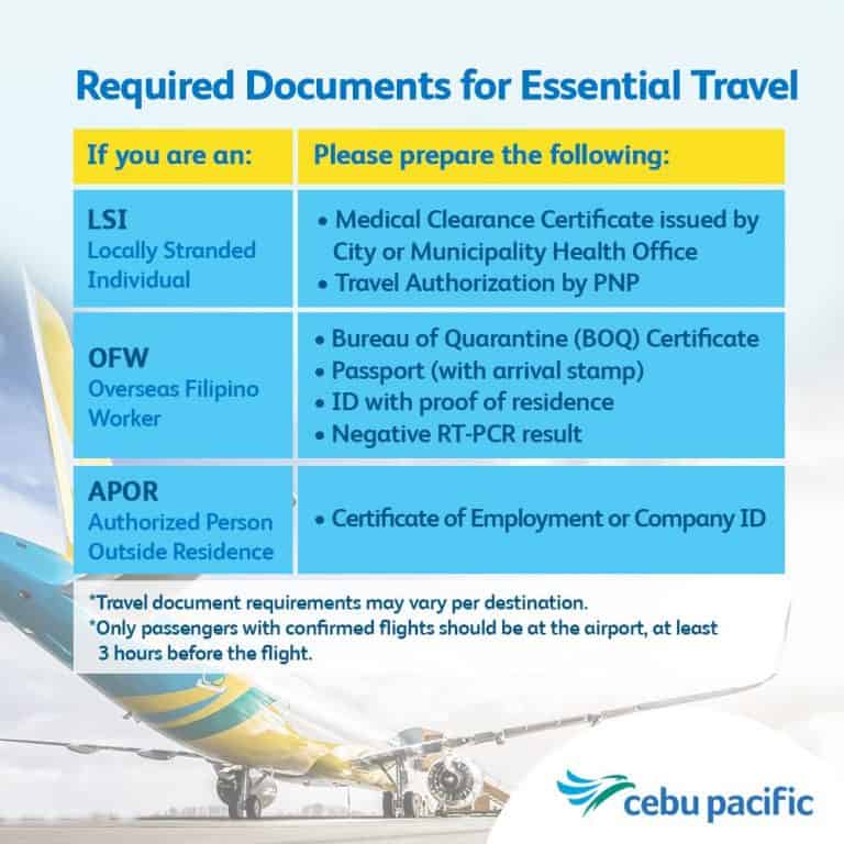 List of REQUIREMENTS for Essential Travel Philippine Airlines, Cebu