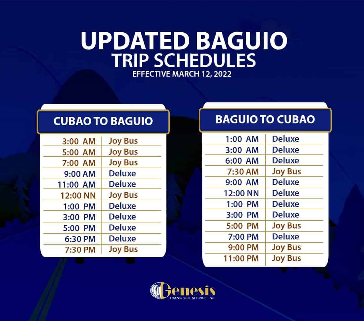 MANILA TO BAGUIO TO MANILA BUS SCHEDULE of Victory Liner, Genesis, JoyBus, Solid North The