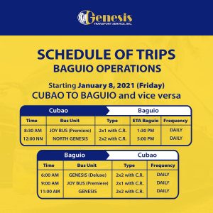 GENESIS TRANSPORT & JOY BUS SCHEDULE 2021: Cubao to Baguio / Baguio to ...