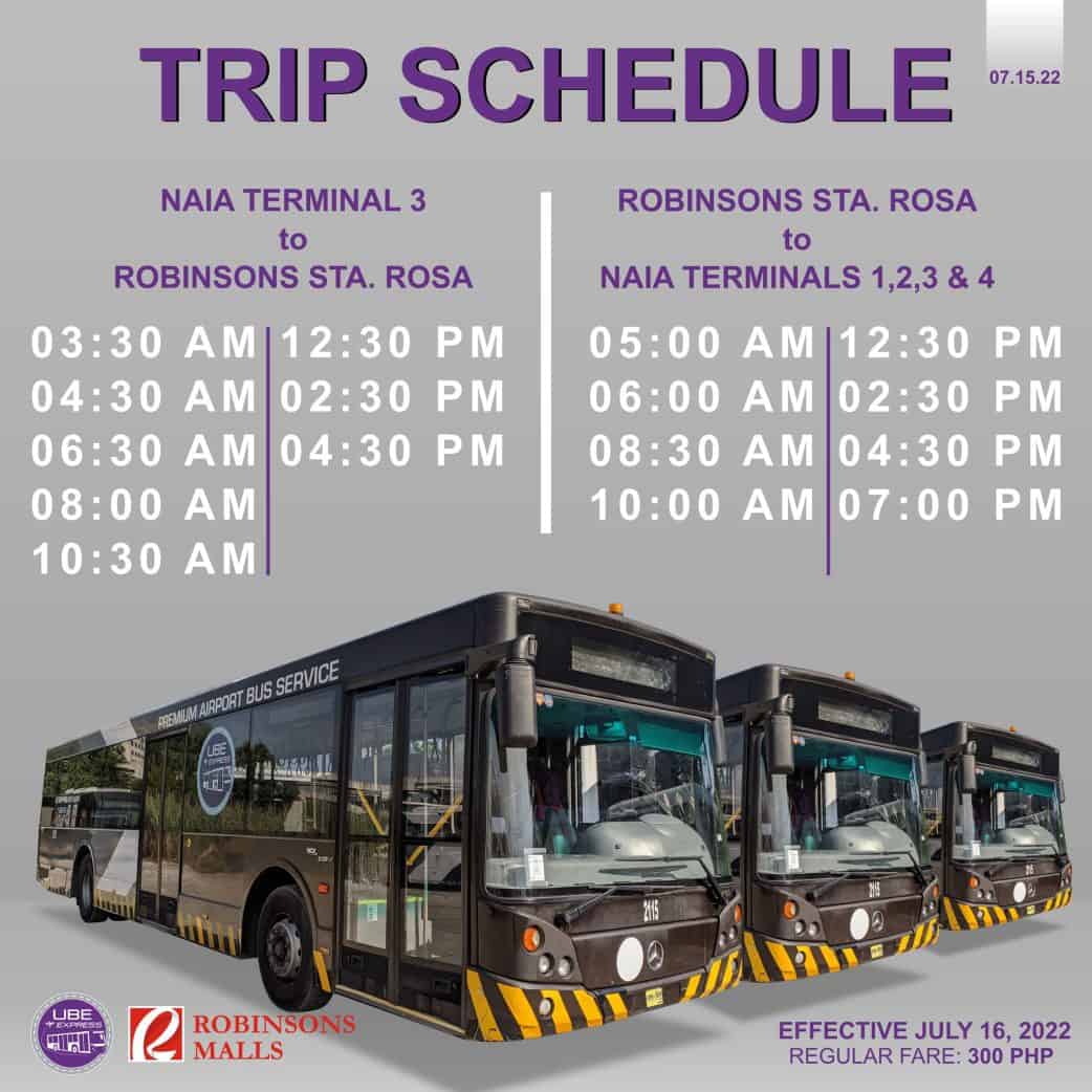 2022 UBE EXPRESS SCHEDULE for NAIA to Cubao, Santa Rosa & Robinsons