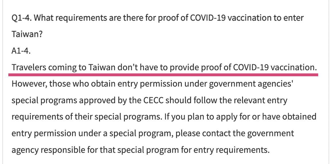 Taiwan Não é necessária prova de vacinação