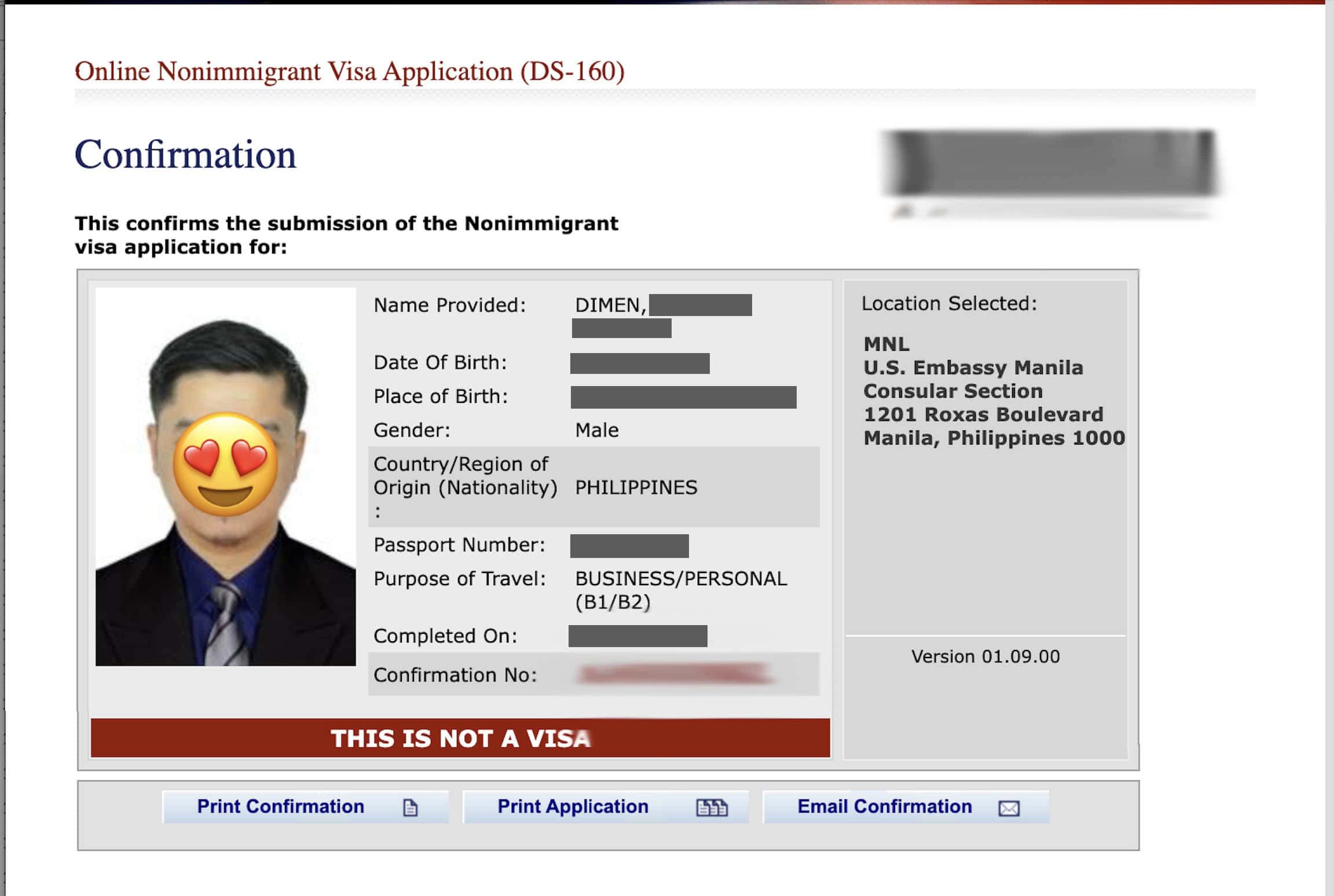 US Visa DS-160 Form Confirmation Page