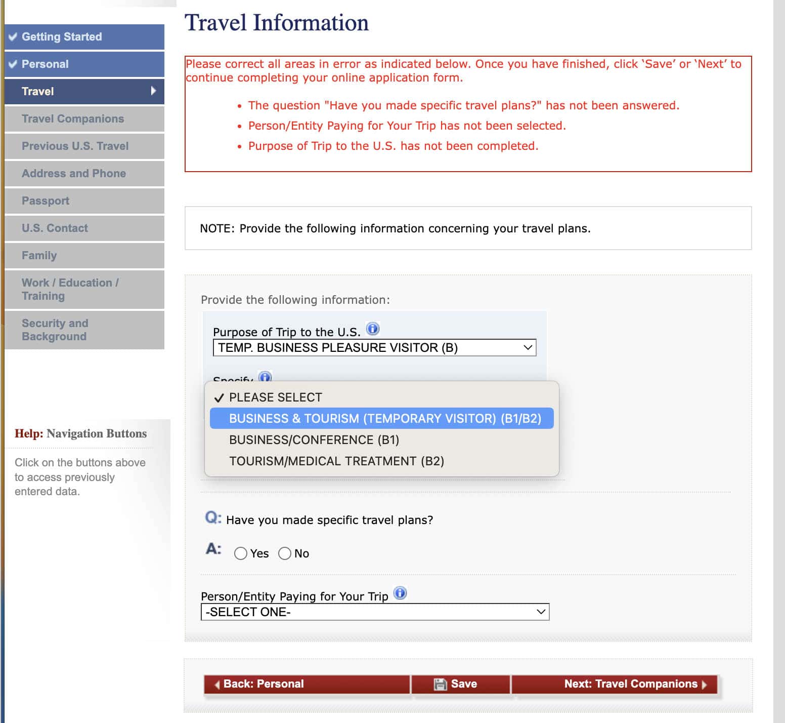 US Visa DS-160 Form Travel Details