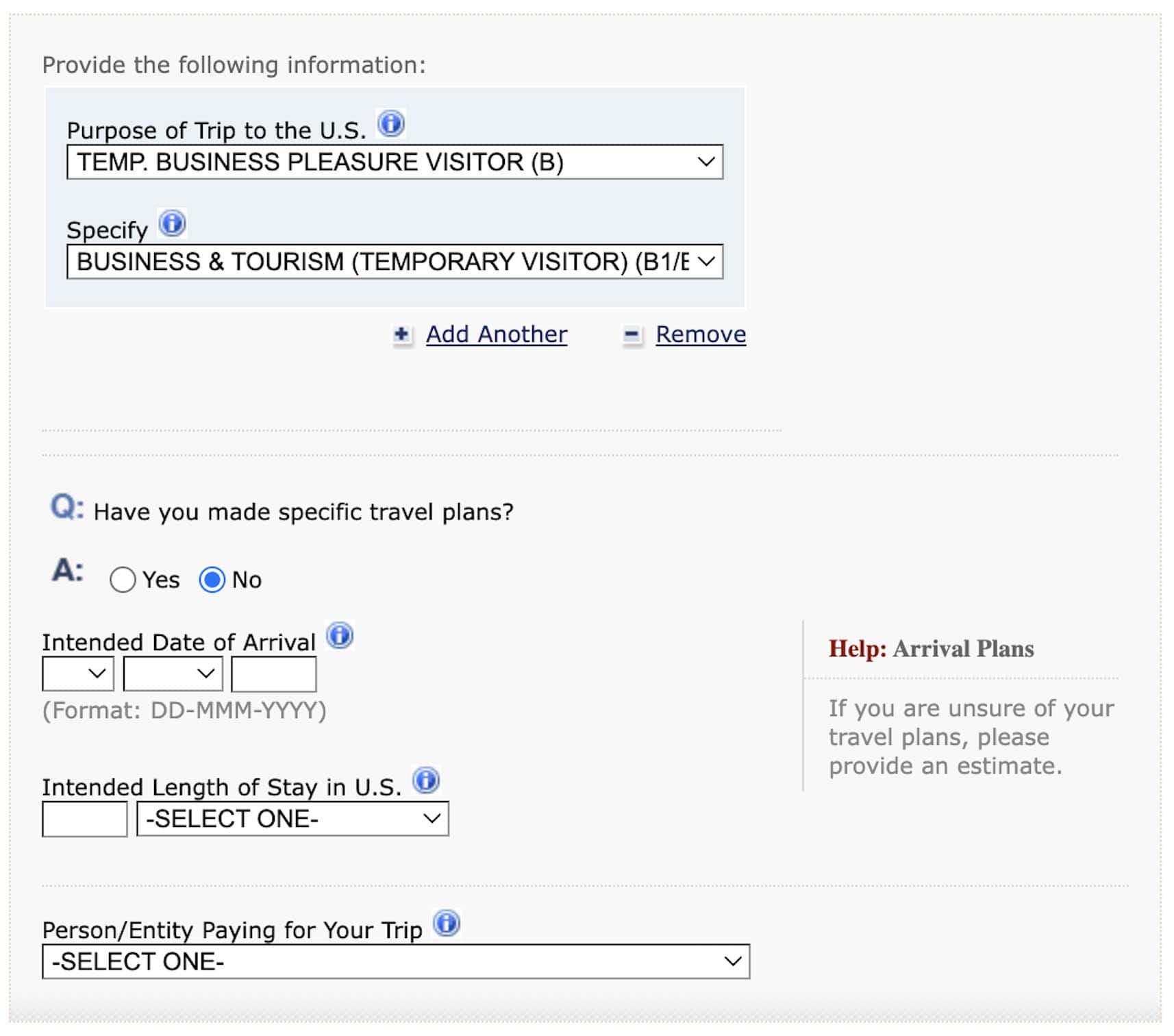 US Visa DS-160 Form Intended Date of Arrival