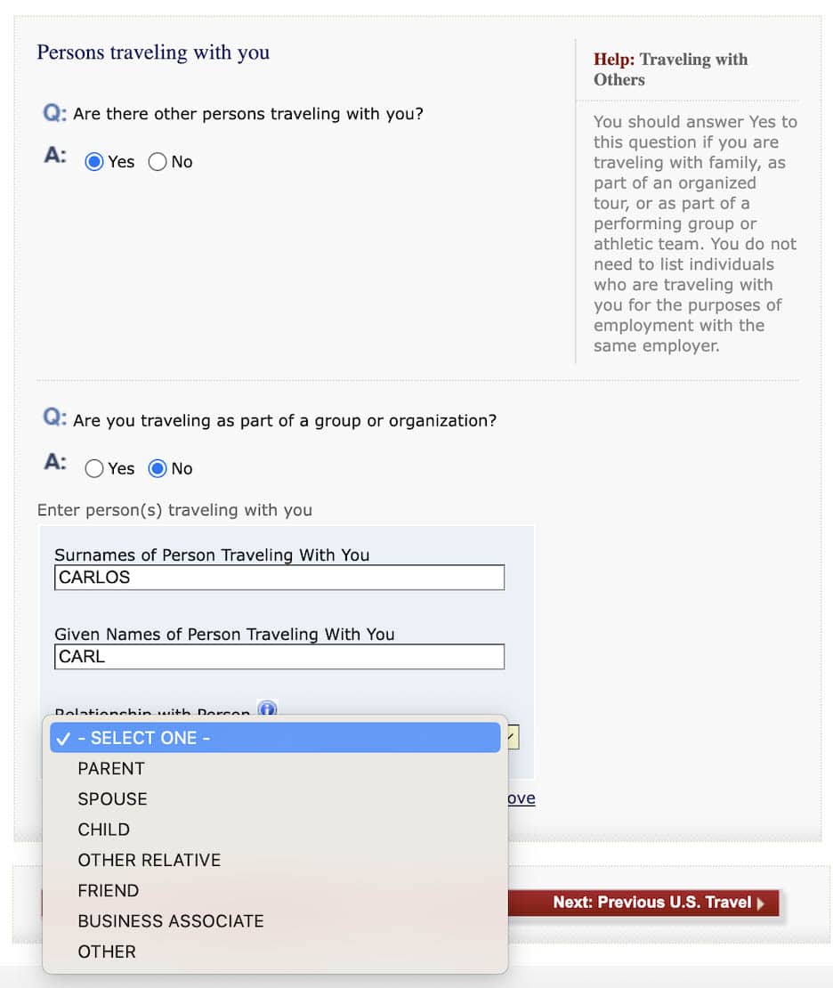 US Visa DS-160 Form Travel Companions