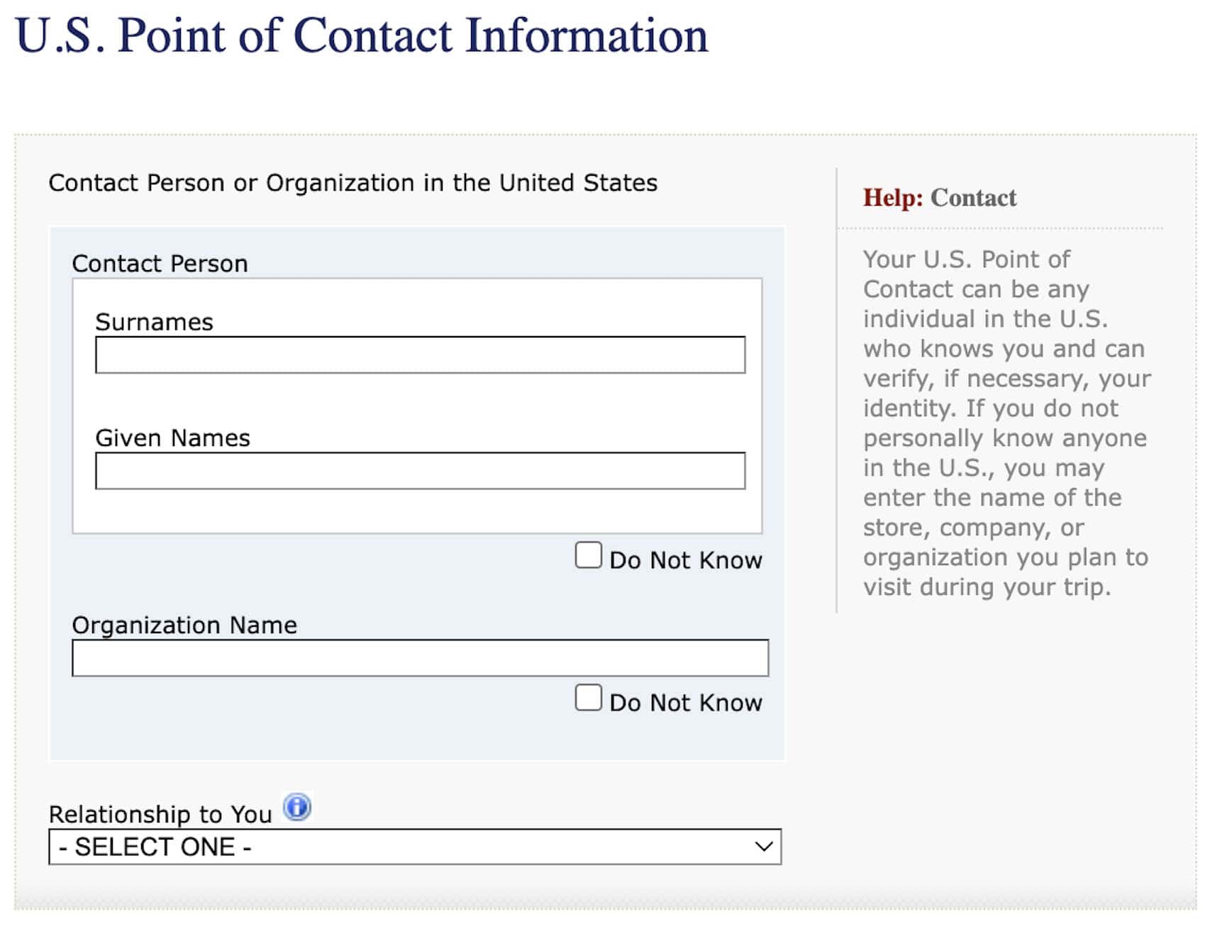 US Visa DS-160 Form Point of Contac