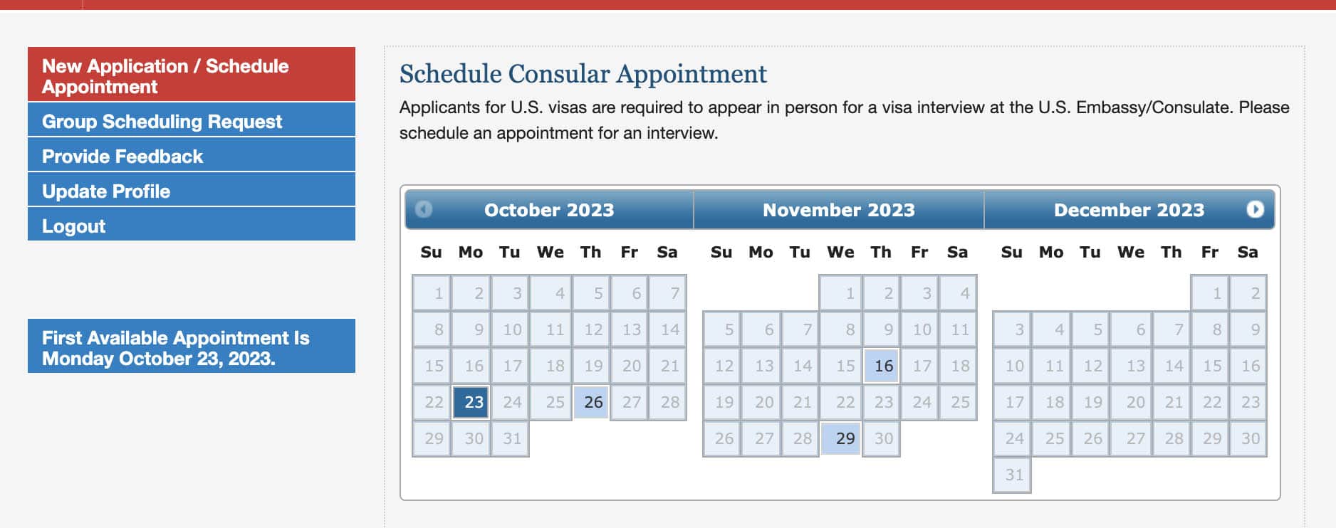 US Visa Appointment Page Available Dates