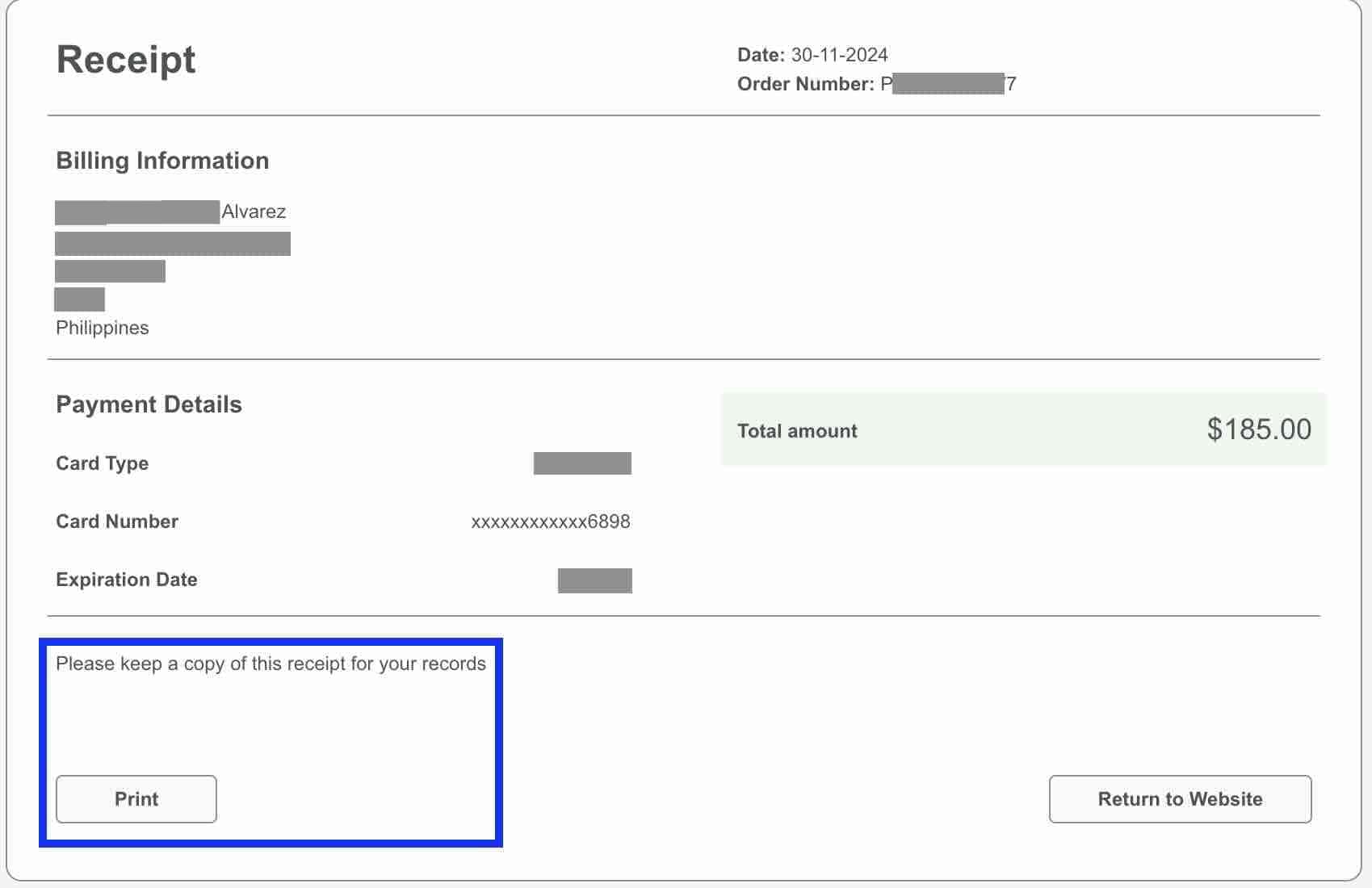 US Visa Payment Receipt