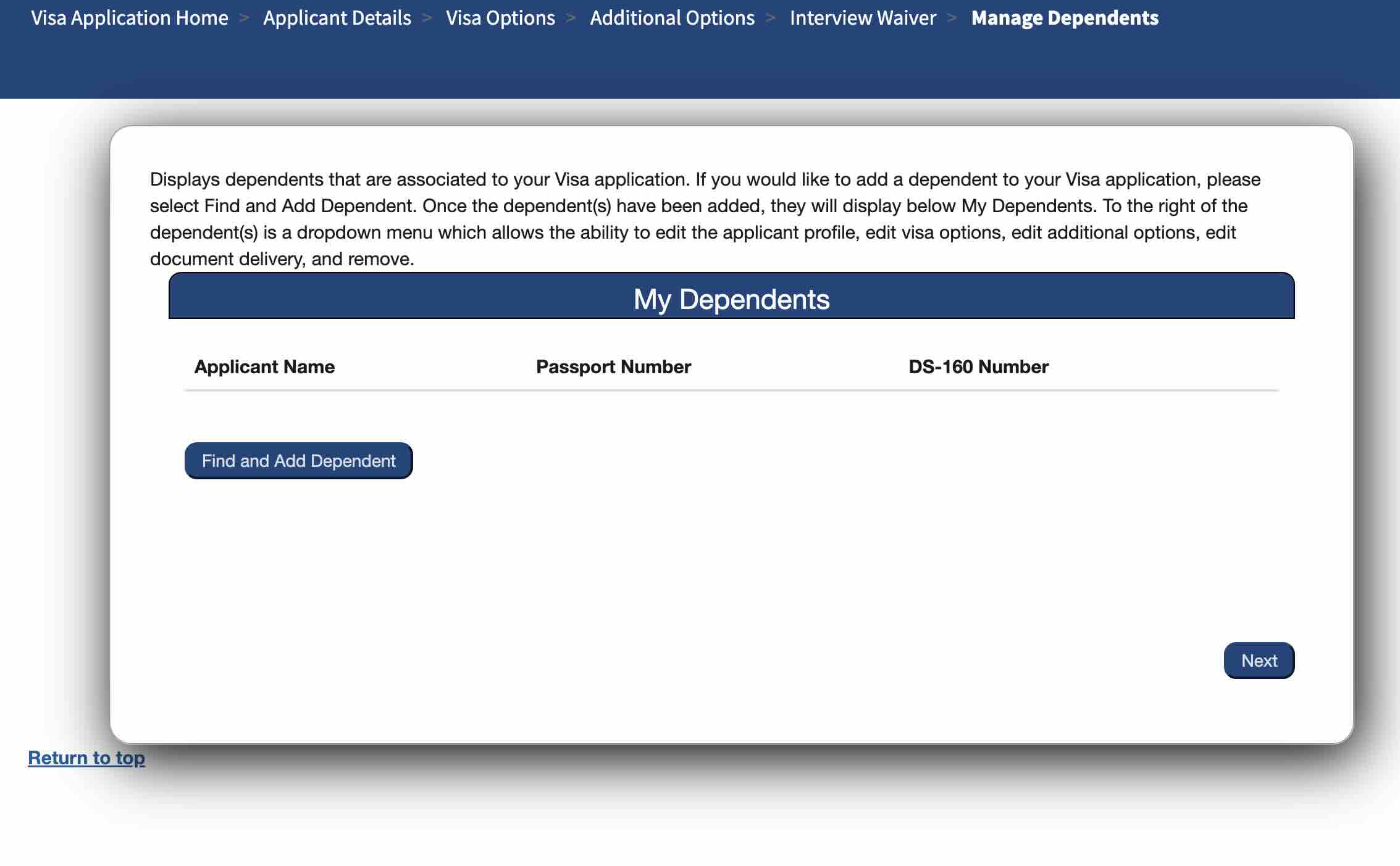 USTravelDocs Manage Dependents