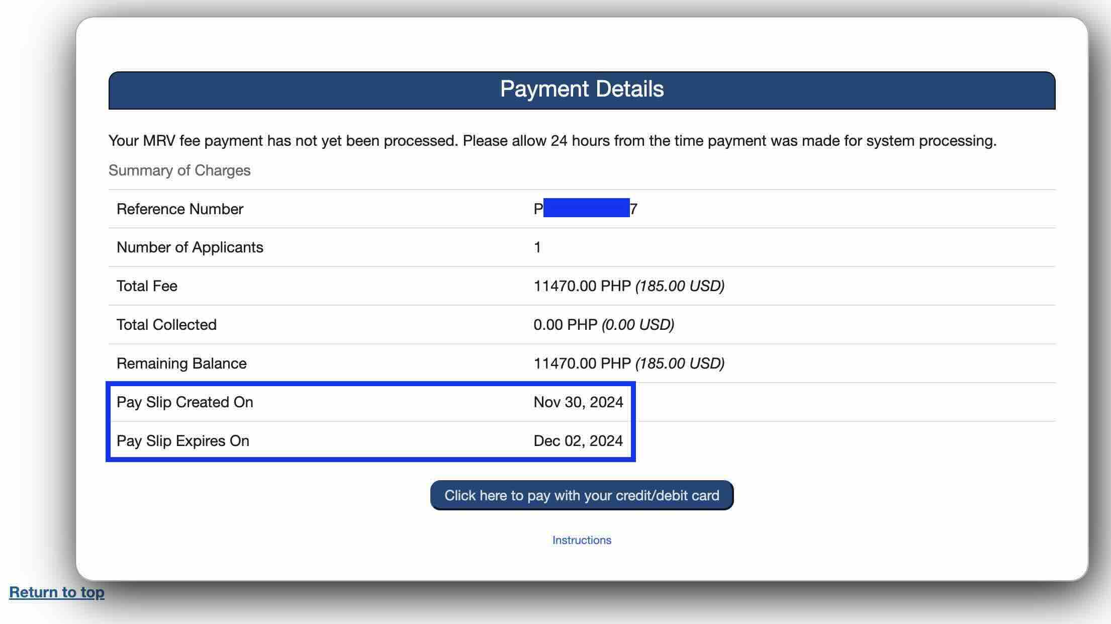 USTravelDocs Visa Payment Details