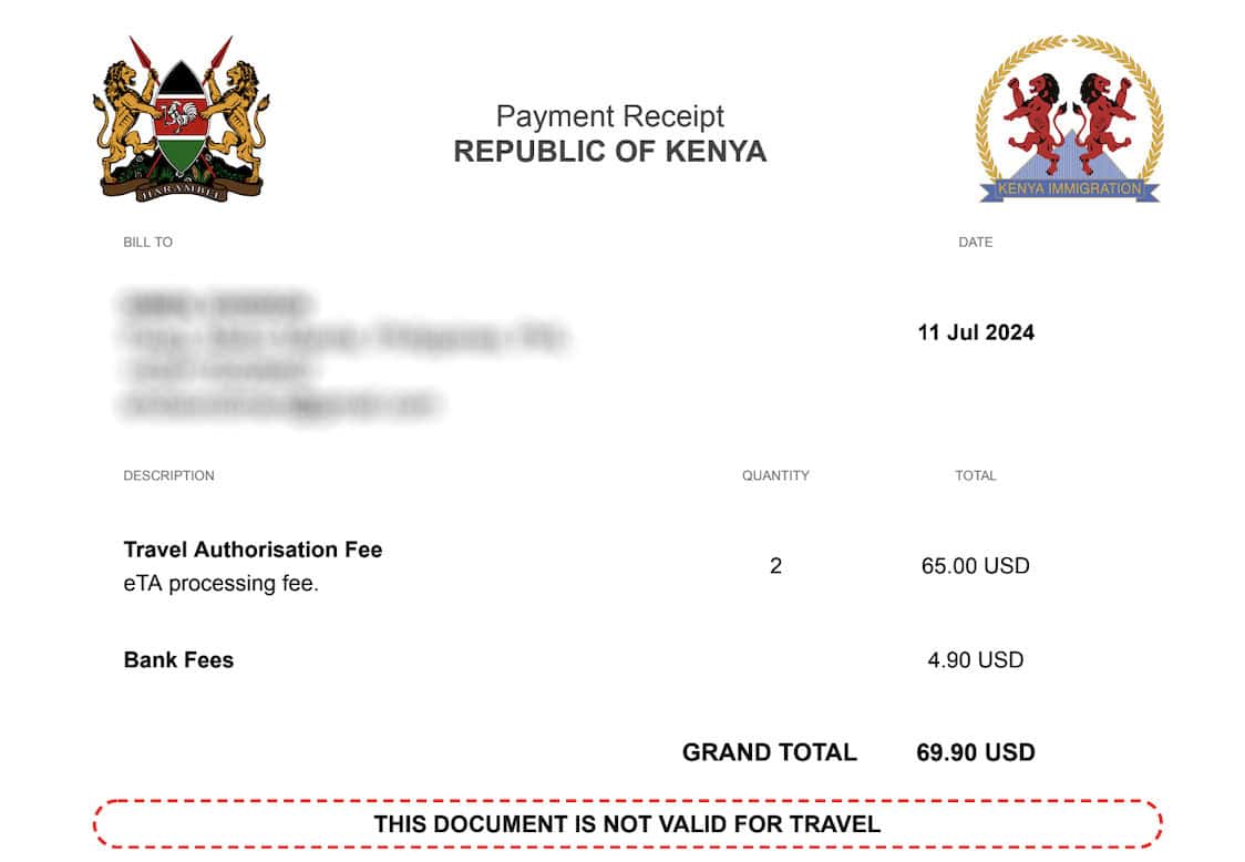 Kenya Visa Application Receipt