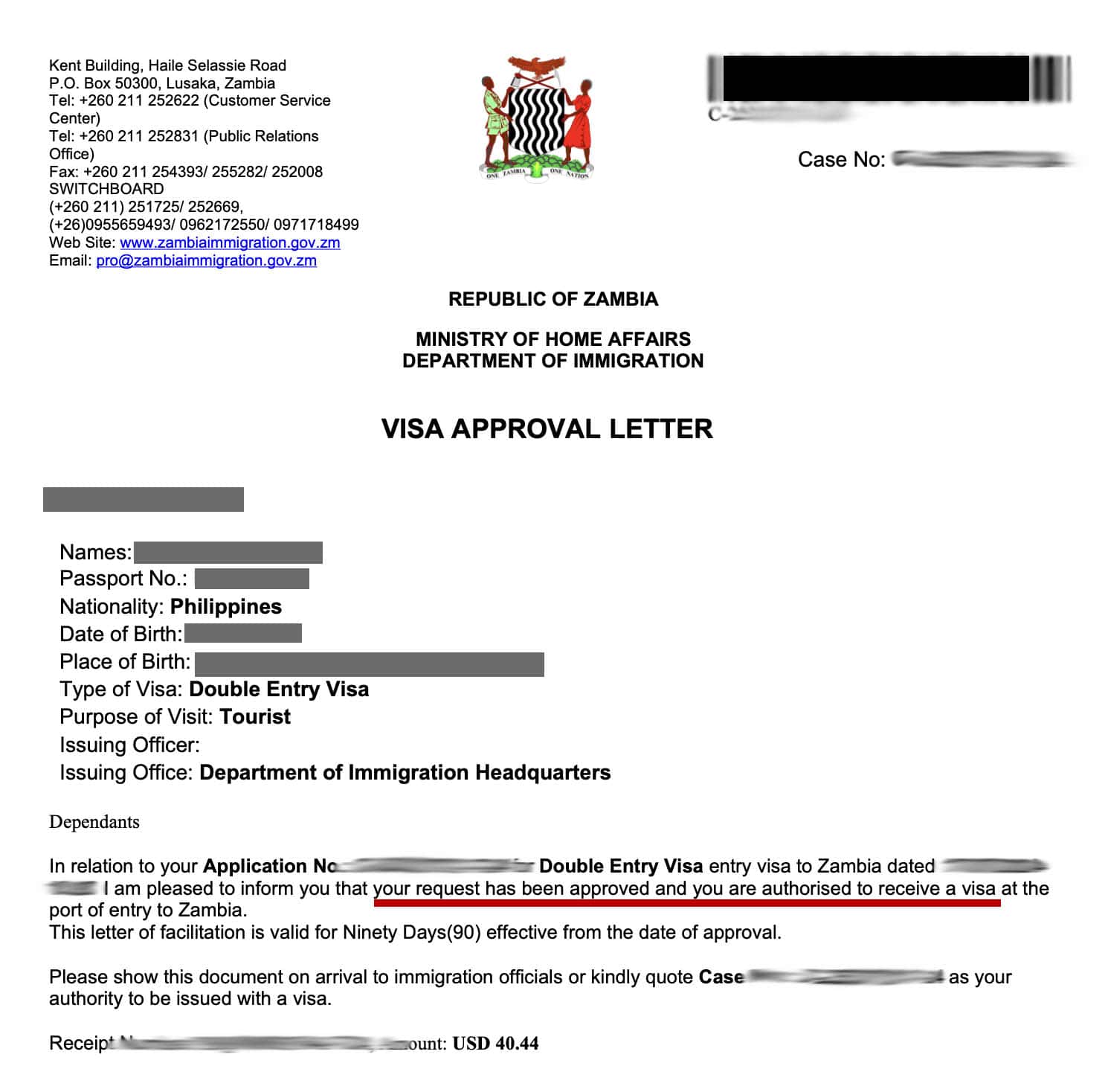 Zambia eVisa Approval Letter