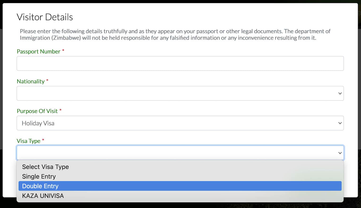 Zimbabwe eVisa Visa Type